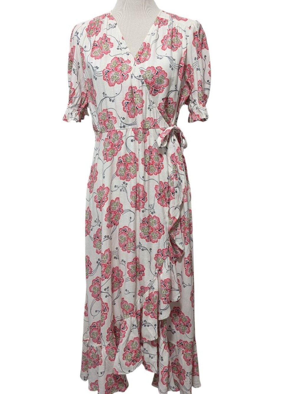 Per Una Womens Size 14 Ivory Mix Pink Floral Frill Ruffles Faux Wrap Midi Dress